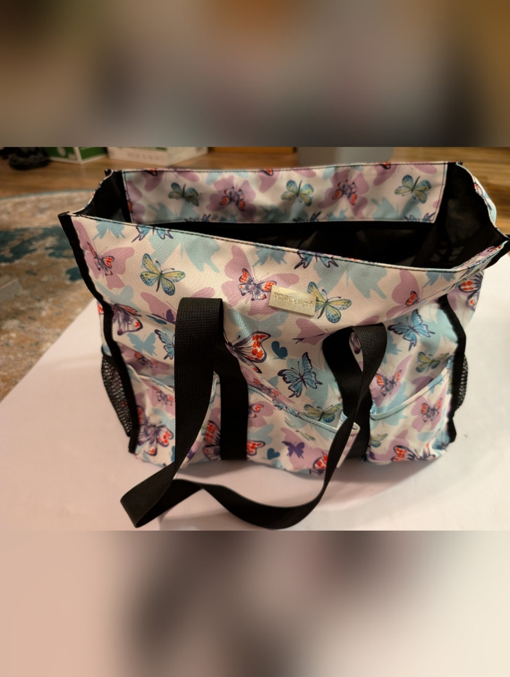 Butterfly Print Tote Bag with Black Straps